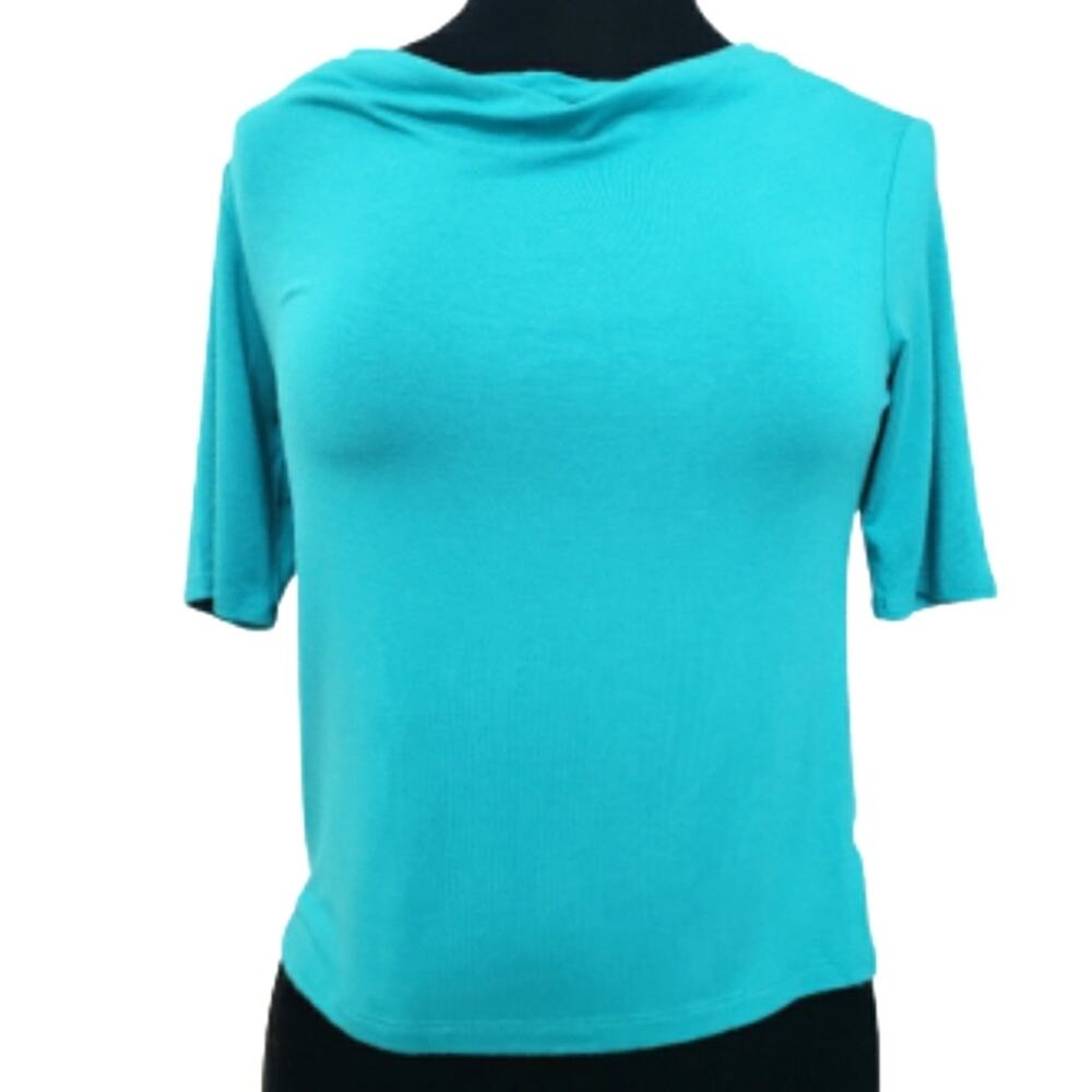 Leo & Nicole Draped Neck Short Sleeve Stretchy Blue Top by Nicole Petite Medium